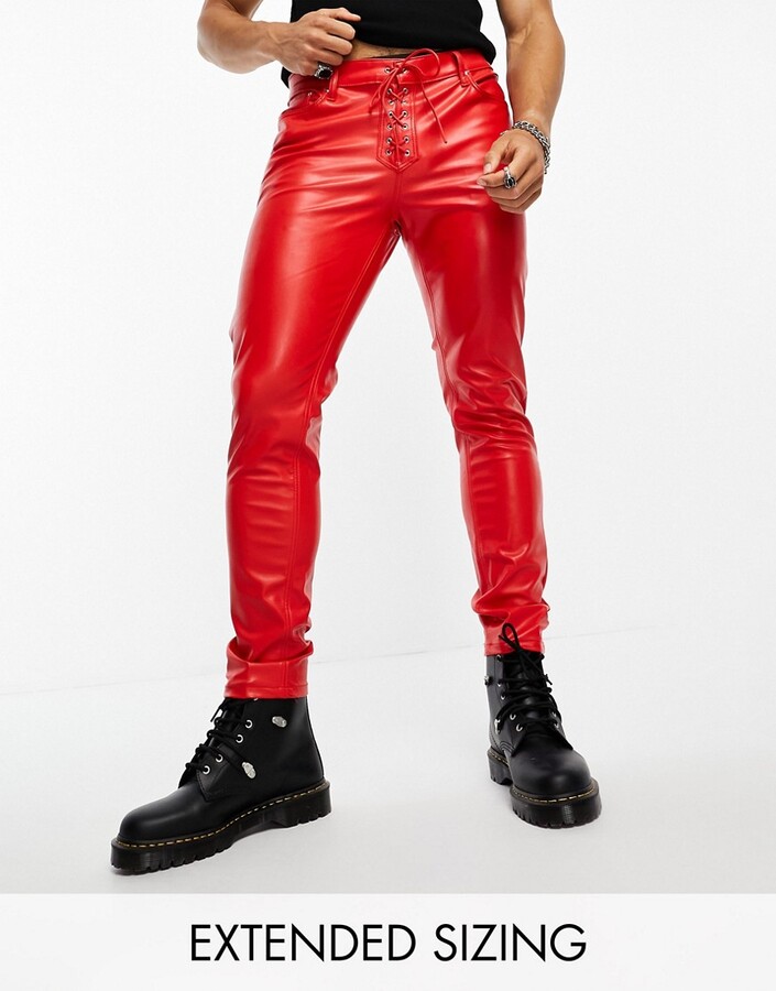 ASOS DESIGN skinny jeans in red leather look with lace up detail - ShopStyle