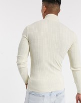 Thumbnail for your product : ASOS DESIGN muscle fit irregular ribbed jumper with half zip in ecru