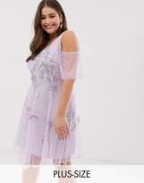 Thumbnail for your product : Frock And Frill Plus Embellished Skater Dress With Ruffle Cold Shoulder