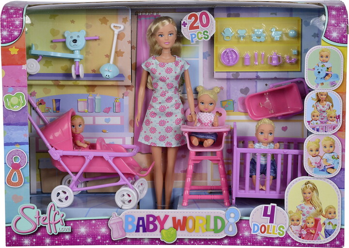 Simba Toys: Steffi Love - Baby World Set - 20pc Set, Teacher Steffi & 3 Kid Dolls, Cot-Stroller-High Chair-Bathtub, Daycare Toy Accessories, Kid 3+