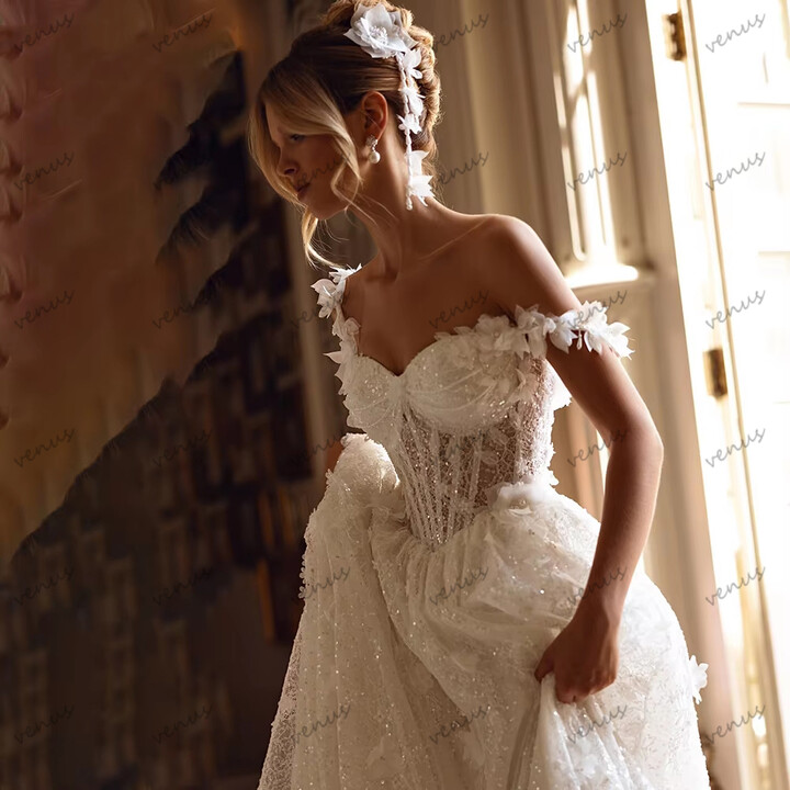 Gorgeous Wedding Dresses A Line Tulle Tiered Bridal Gowns Lace Appliques Off The Shoulder Robe Vestidos De Novia Customized 2025