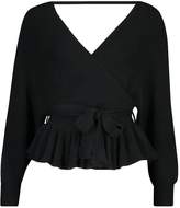 Thumbnail for your product : boohoo Petite Wrap Tie Waist Peplum Knitted Sweater