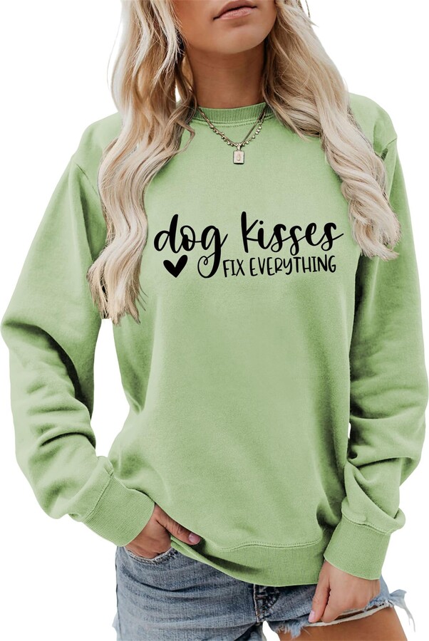 Pifnxtamy Sweatshirt for Women Dog Kisses Fix Everything Cute Heart Graphic Long Sleeve Shirts Crewneck Pullover Tops Olive Green