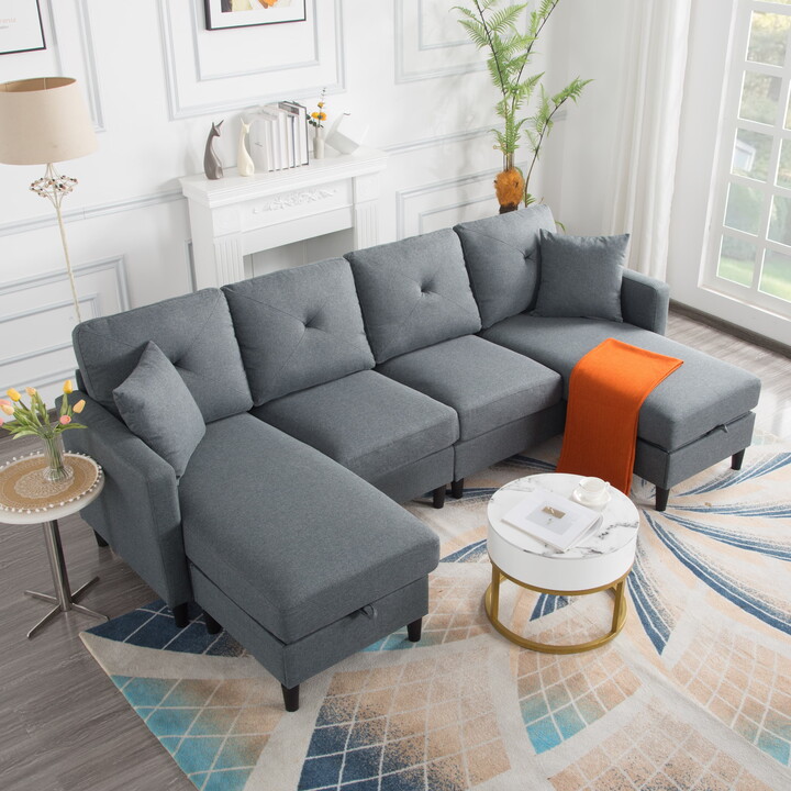 BSHTI 99.2” U-Shaped Modular Sectional Sofa,4 Seating,Linen Upholstery,solid wood and iron combination of frame,Movable Ottomans with storage space,Dark Gray