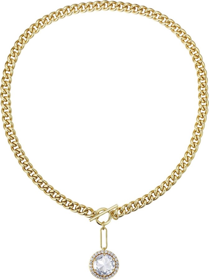 Rachel Glauber 14k Gold Plated with Clear Cubic Zirconia Halo Drop Curb Chain Necklace
