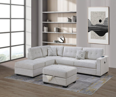 Wildon Home Living Room L-Shaped Sectional W Ottoman 3Pc Set Sincere Bone Color Fabric Tufted Upholstered Sofa Couch Nailheads Pillows