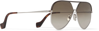 Loewe Aviator-Style Leather-Trimmed Silver-Tone And Tortoiseshell Acetate Sunglasses