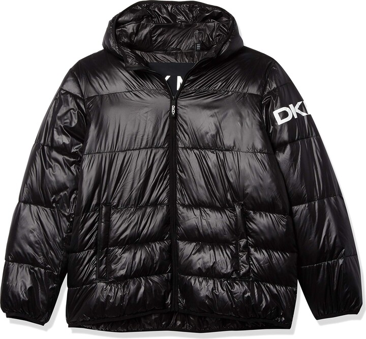DKNY Men's Water Resistant Ultra Loft Hooded Logo Puffer Jacket Standard and Big & Tall 