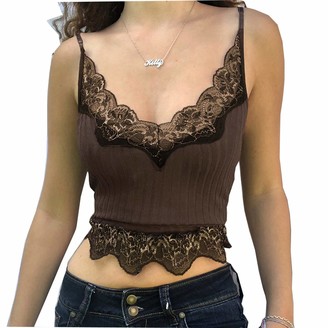 Longfei Women Sexy V-Neck Lace Camisole Y2K Spaghetti Strap Tank Top Floral Crochet Patchwork Sleeveless See Through Shirt (Brown S)