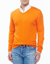 Thumbnail for your product : Neiman Marcus Tipped V-neck sweater, orange