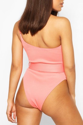 boohoo Petite Rib One Shoulder Belted Swimsuit