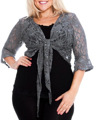 Amberclothing Womens Ladies New Floral Lace Bolero Cropped Shrug Plus Top Cardigan Sequin 12-26 Grey UK (16-18)) -