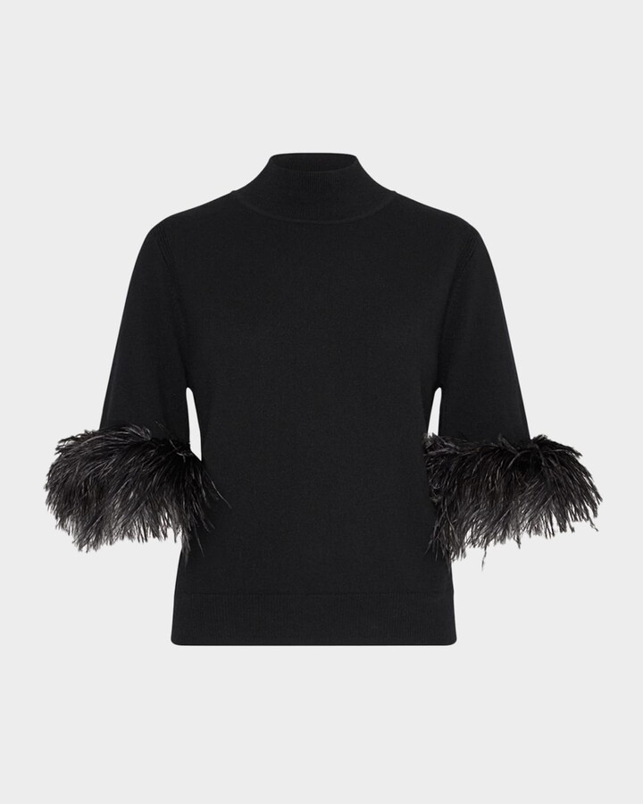 Milly Mock-Neck Feather Cuff Sweater
