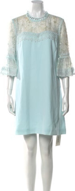 Ted Baker Shift Dress Blue Ruffle, Embroidered & Mesh Accents Three-Quarter Sleeve with Crew Neck Exposed Zip Closure at Back Designer