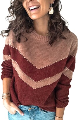 Elegancity Women's Long Sleeve Sweater Jumpers Oversized Color Block Casual  Knitwear Tops Crewneck Loose Fit Pullovers Autumn Winter Vintage Outwear  for Girls L - ShopStyle