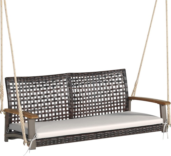 Gymax 2-Seat Rattan Porch Swing Chair Outdoor Wicker Swing Bench W/ Seat Cushion Red