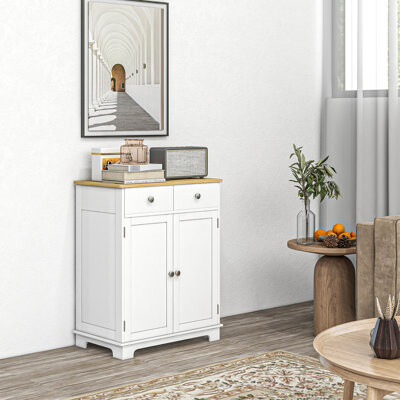 Winston Porter Solid Wood Countertop Sideboard -  2 Drawers Doors Adjustable Shelf In Distressed White Elegant Kitchen Furniture With Shelf For