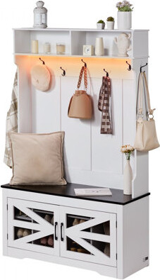 Hall Tree Entryway Bench, LED Coat Rack with Shoe Storage, 42" Wide Mudroom Bench with Storage and Seating, Adjustable Shelves and 7 Hanging Hooks, fo