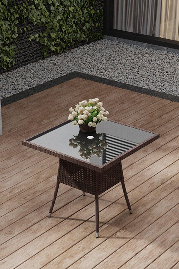 Living and Home Garden Wicker Tempered Glass Dining Table with Parasol