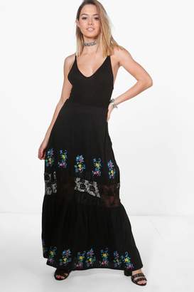 boohoo Petite Embroidered Lace Insert Tiered Maxi Skirt