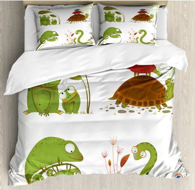 Ambesonne Animal Duvet Cover Set, Snake Frog Ninja Reptile, Calking, Green Brown Red