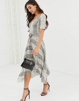 Thumbnail for your product : ASOS DESIGN v neck midi dress with pleated skirt and belt in snake print