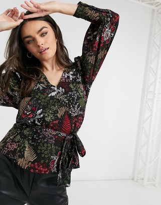 Vero Moda wrap blouse with tie waist in dark floral - ShopStyle