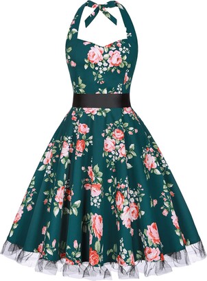 oten Women's Vintage Polka Dot Halter Dress 1950s Floral Spring Retro Rockabilly Cocktail Swing Tea Dresses 