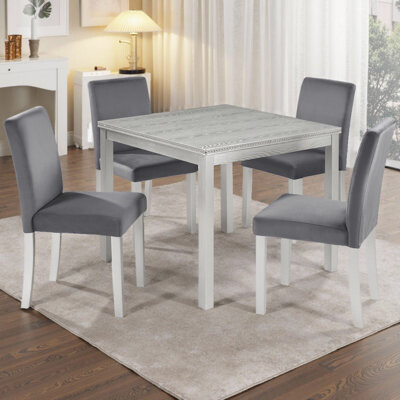 5-Piece Dining Set – Grey Square Wooden Table w/ 4 Upholstered Chairs, Crystal-Trimmed Dining Room Set