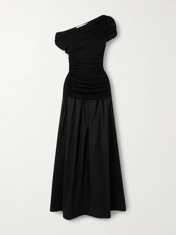 Self-Portrait Off-the-shoulder Draped Knitted And Cotton Midi Dress - Black