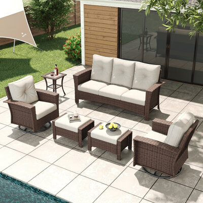 Lark Manor 6 Piece Wicker Patio Furniture Set Classis Outdoor Conversation 360 Degree Swivel Chairs Set with Coffee Table