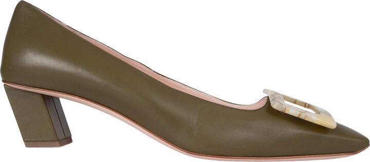 Roger Vivier Olive Green Leather Belle Vivier Buckle Pumps Shoes 39.5