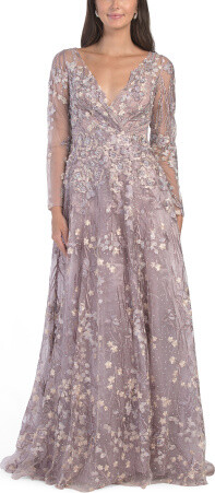 TJMAXX Long Sleeve Floral Embellished Gown For Women, Polyester