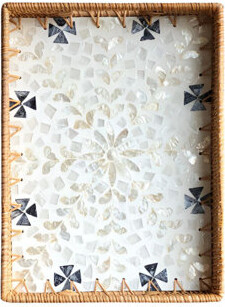 French - Inspired Luxury: Natural Vietnamese Woven Vine & Shell - Adorned Tray For Home, Ideal As A Tea Tray On Living Room Coffee Tables Or Fruit Sto