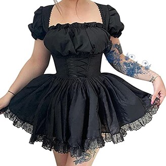 FeMereina Black Gothic Lolita White Lace Dress Long Sleeve Lace-up Goth Off  Shouder Midi Dresses for Women Cosplay Party Prom (Black - ShopStyle