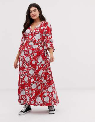 Brave Soul Plus kea midi wrap dress in bold floral print