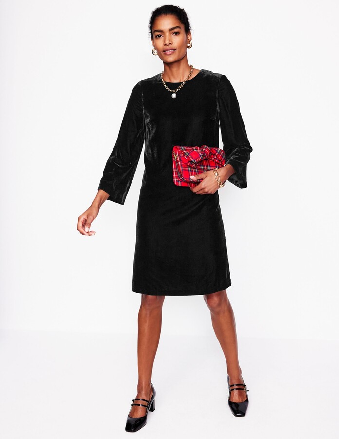 Long Sleeve Velvet Shift Dress, Black