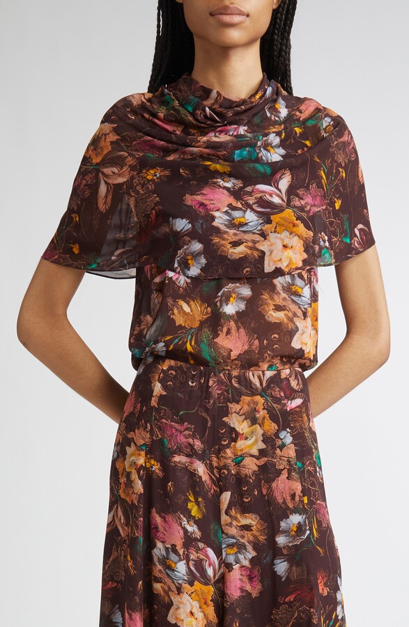 Lela Rose Floral Chiffon Cowl Neck