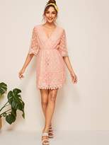 Thumbnail for your product : Shein Plunging Guipure Lace Trim Polka Dot Flippy Dress