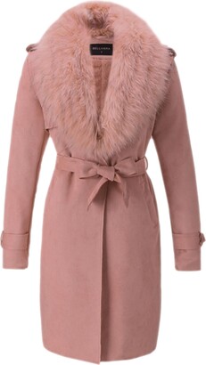Bellivera Women's Faux Suede Long Jacket,Lapel Outwear Trench Coat Cardigan with Detachable Faux Fur Collar FF20 Pink M