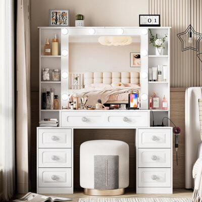 Latitude Run Dressing Table Mirror Lights Glass Top Drawers Stool Modern Design Hair Dryer Holder Ports Vanity Desk With 7 Stool And Open Storage Shelves