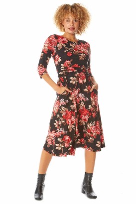 Roman Originals Women Fit and Flare Floral Print Midi Dress - Ladies Everyday Smart Casual Work Office Round Neck 3/4 Sleeve Gathered Waist Stretch Jersey A-Line Day Dress - Red - Size 12