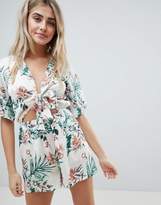 Thumbnail for your product : Missguided Tropical Print Tie Front Playsuit