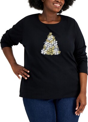 Karen Scott Plus Womens Snowflake Boat Neck Graphic T-Shirt