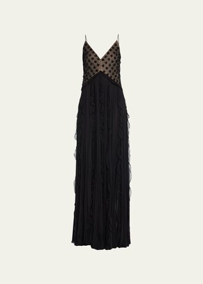 J. Mendel Embroidered Floral Silk Hand Pleated Ruffles Gown