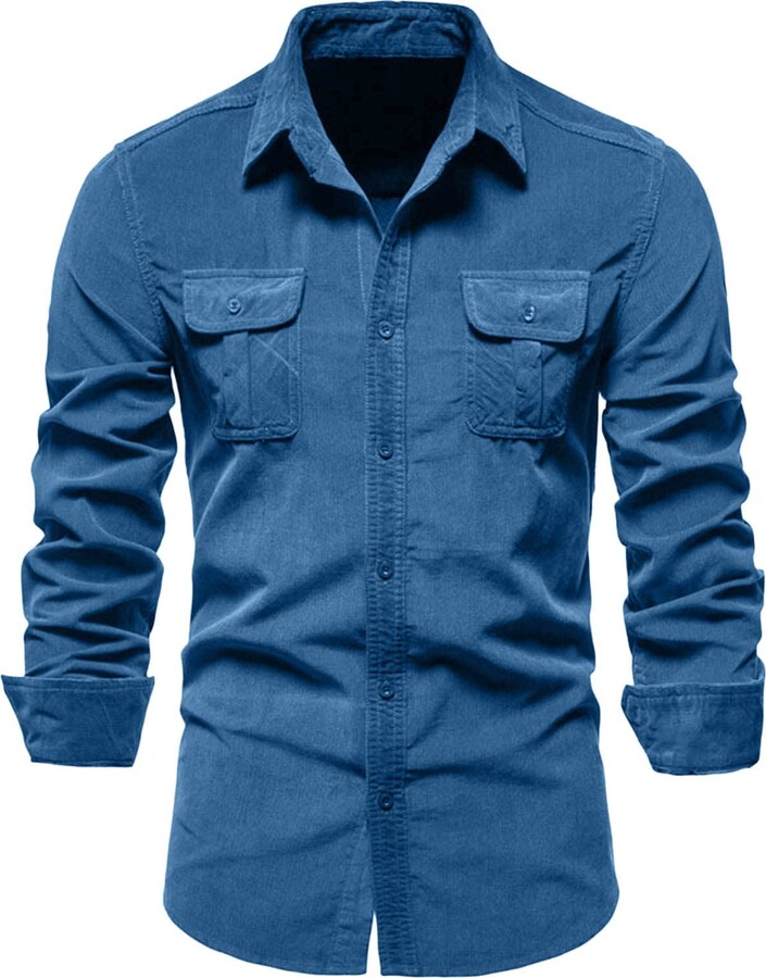 JISUXIAB Button Down Mens Fashionable Simple Corduroy Business Slim Fit  Solid Color Cardigan Long Sleeve Shirt Mens Ling Sleeve Shirt (Blue XXL) -  ShopStyle