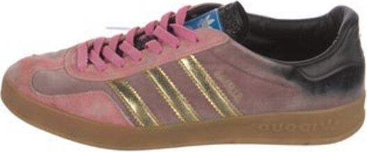 Gucci x Adidas Gazelle Low Top Sneakers Pink Velvet Striped Leather & Rubber Trim Round-Toes with Leather Trim Embellishment Lace-Up Closure at Uppers
