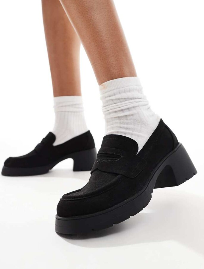 ASOS DESIGN Scribble chunky mid heeled loafers in black suedette