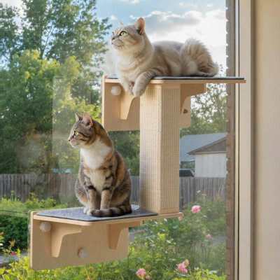 Double Cat Shelves With Scratching Post For Wall And Window With Solid Wood, Strong Suction Cup, Washable Cover Mat, Cats Perch Bed For Birds Watching