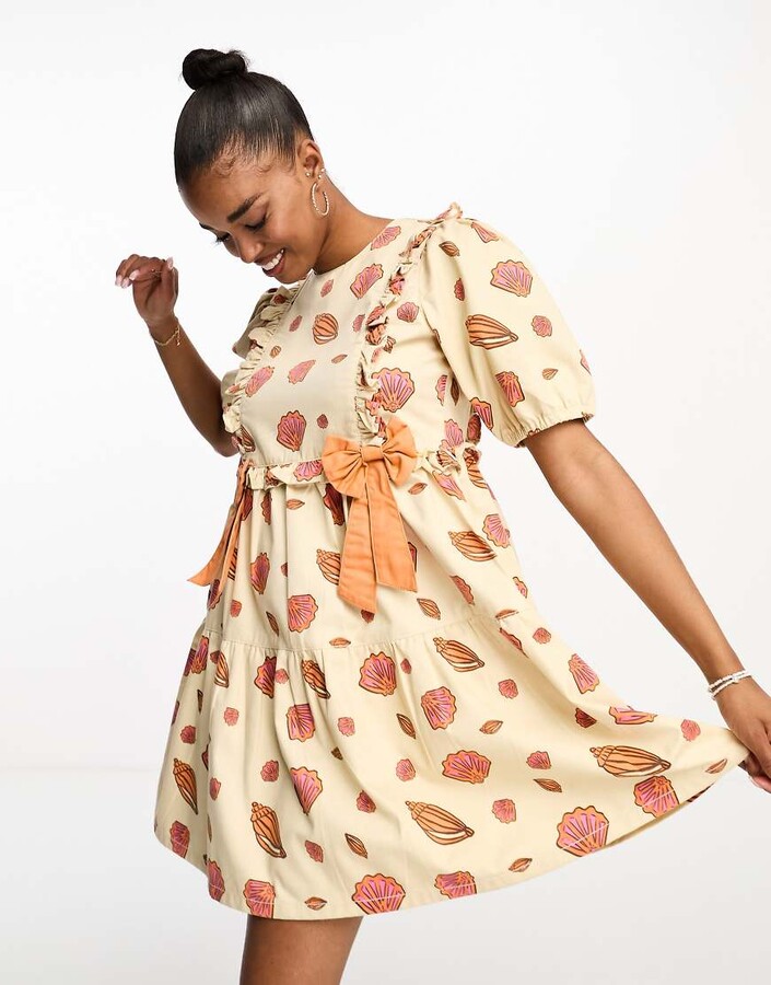 Neon Rose shell print tiered mini smock dress in ecru ShopStyle